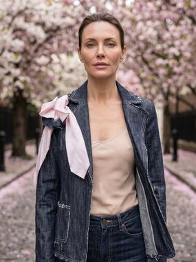 Washed Dark Blue Jean Jacket with Pink Accent